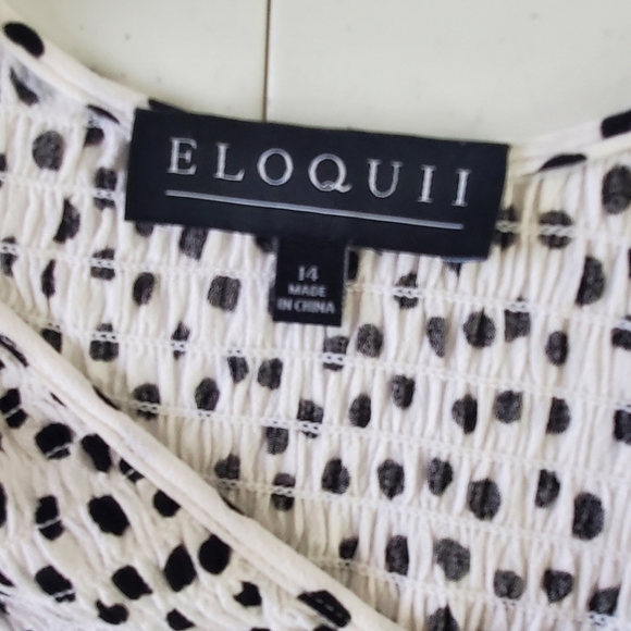 Eloquii Polka Dot Ruffle Hem Dress Size 14 Smocked Bodice Flowy V-Neck Feminine - Picture 13 of 15